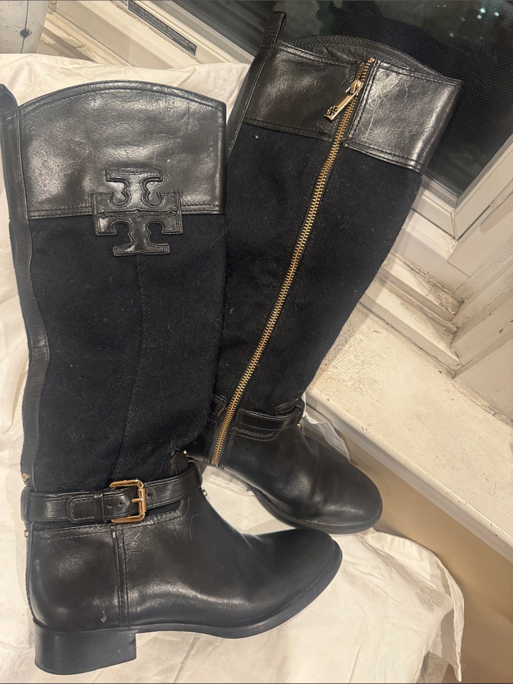 Tory Burch Black Leather and Navy wool Knee Boots with Gold Zipper size 7M